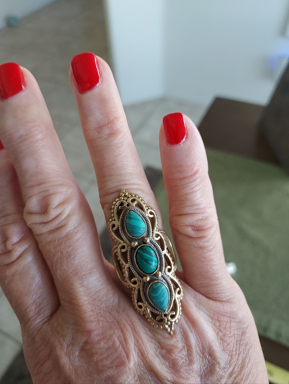 Vintage-brass Filigree Ring with Malachite Cabochon Stones From Bali